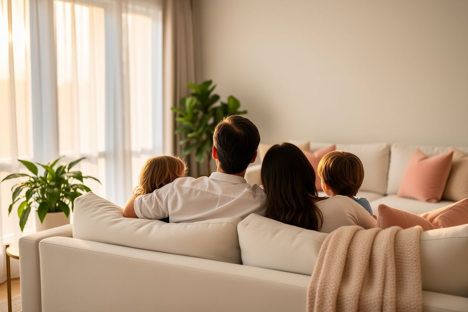 A family sitting together on a couch in a bright, tidy living room