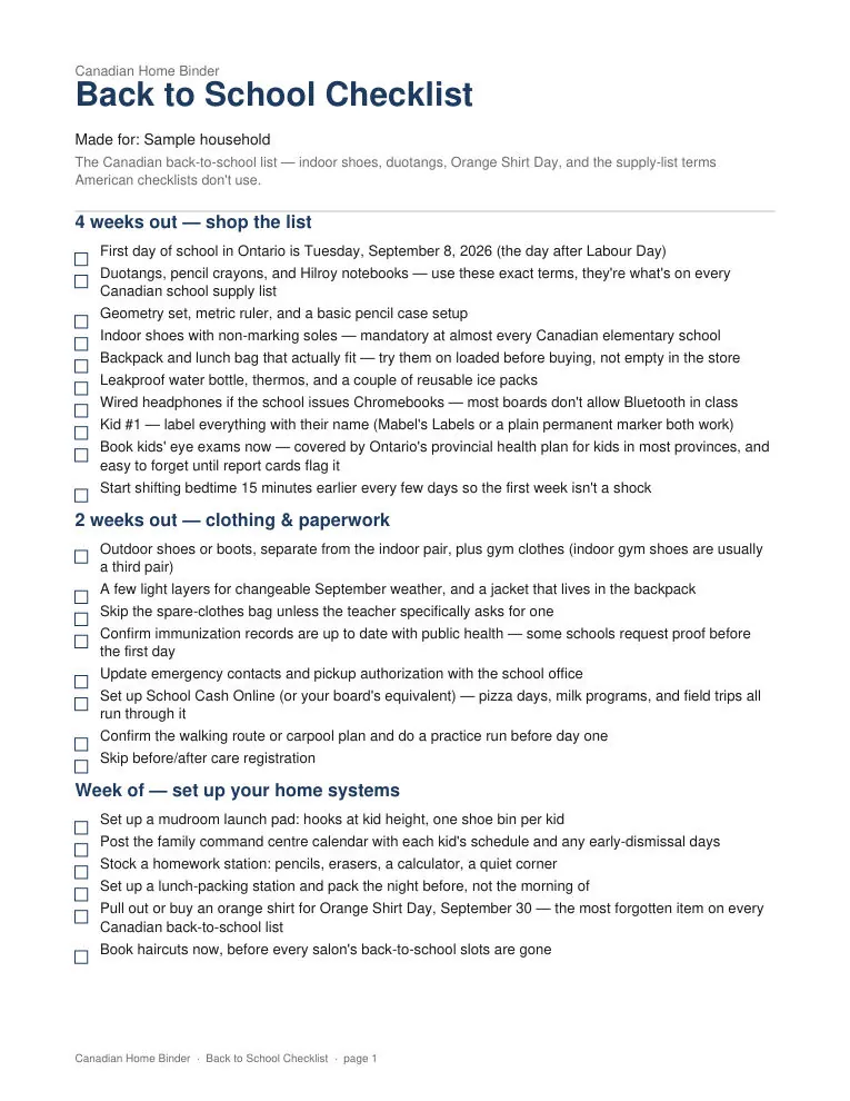 Back to School Checklist (Personalized) — sample page 1