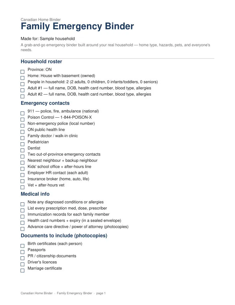 Canadian Emergency Binder — sample page 1
