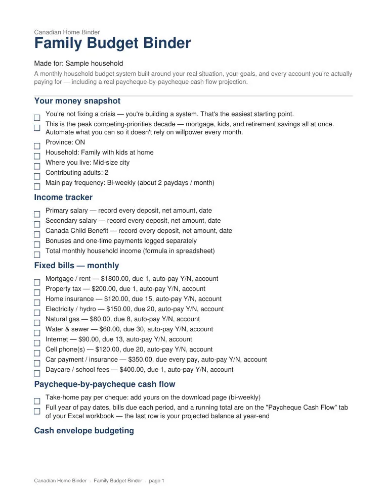 Canadian Family Budget Binder — sample page 1