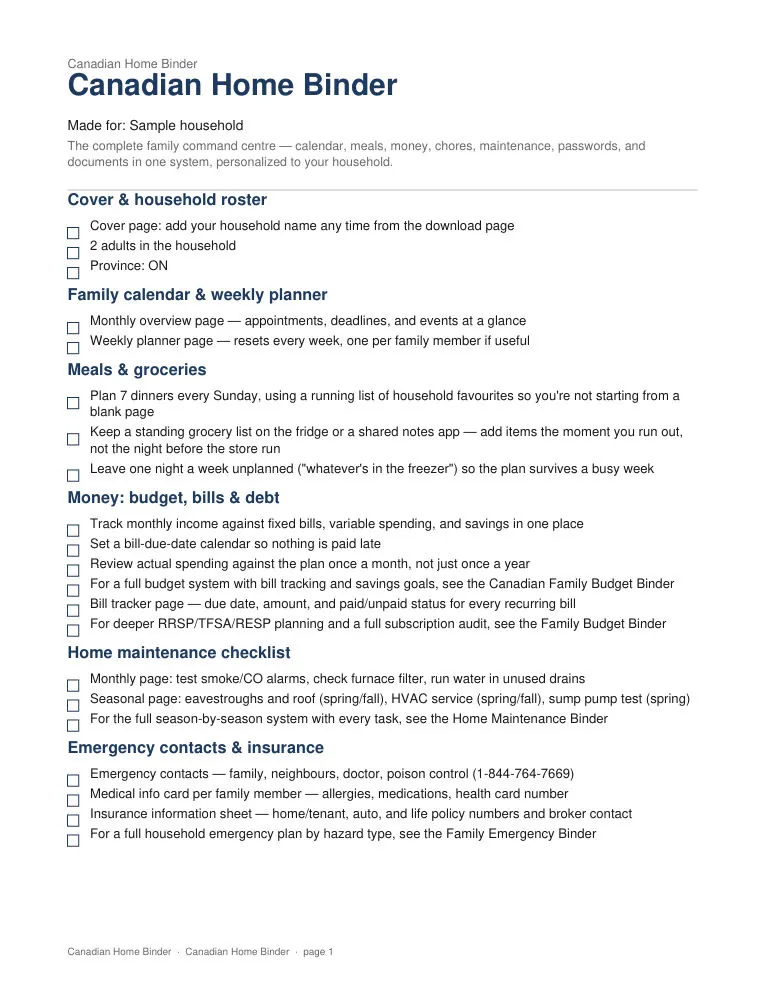 Canadian Home Binder — sample page 1