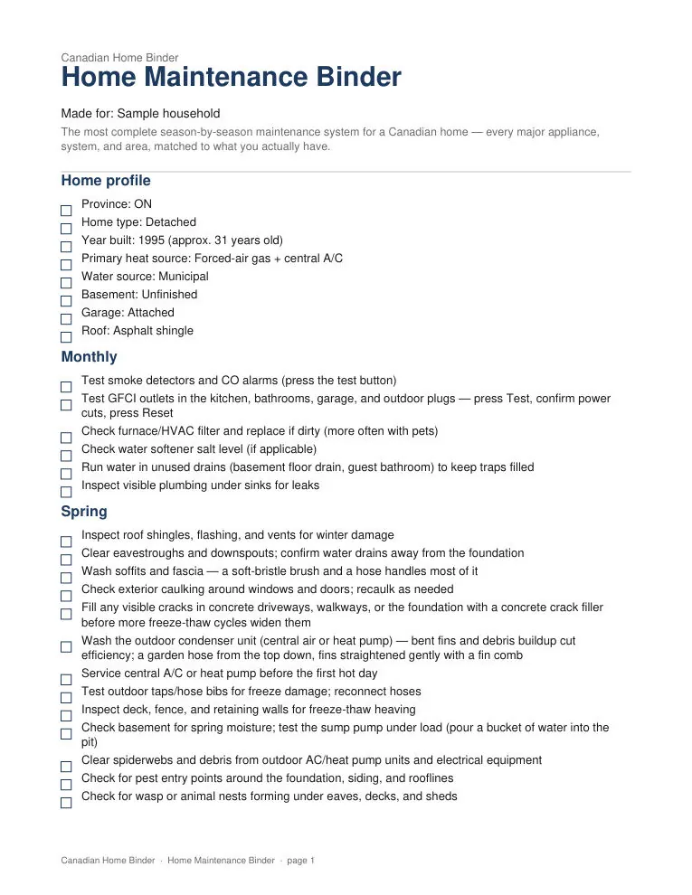 Canadian Home Maintenance Binder — sample page 1