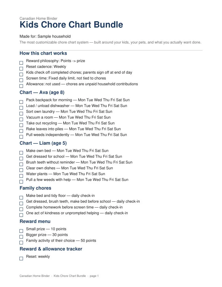 Canadian Kids Chore Chart Bundle — sample page 1