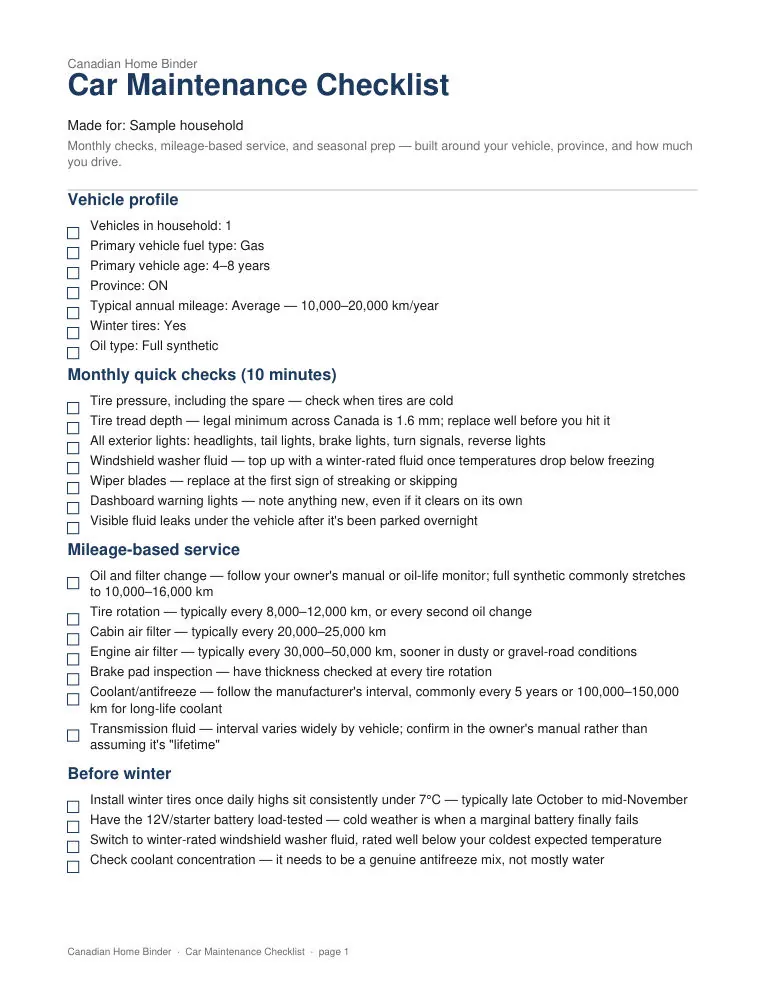Car Maintenance Checklist (Personalized) — sample page 1