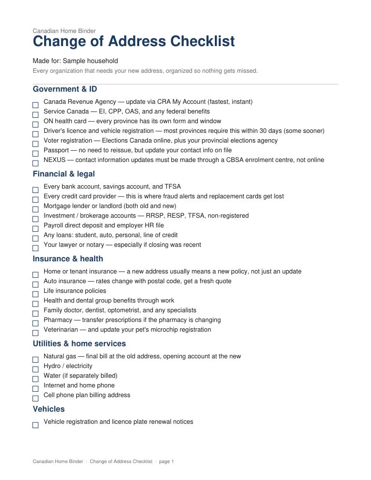 Change of Address Checklist (Personalized) — sample page 1