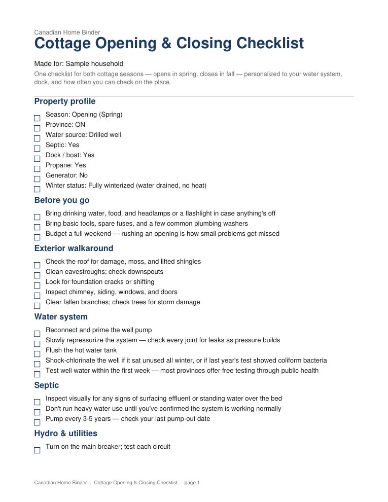 Cottage Opening & Closing Checklist (Personalized) — sample page 1