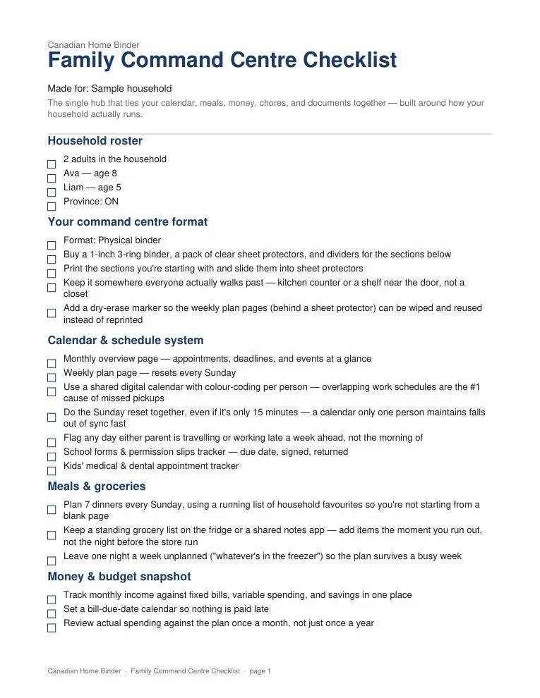 Family Command Centre Checklist (Personalized) — sample page 1