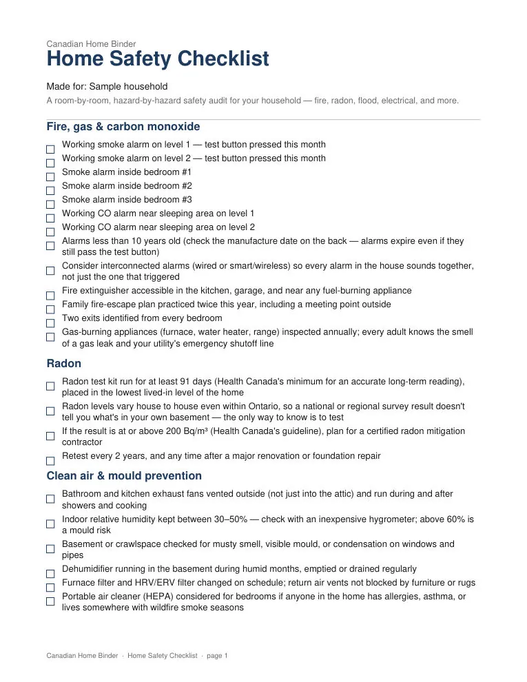 Home Safety Checklist (Personalized) — sample page 1