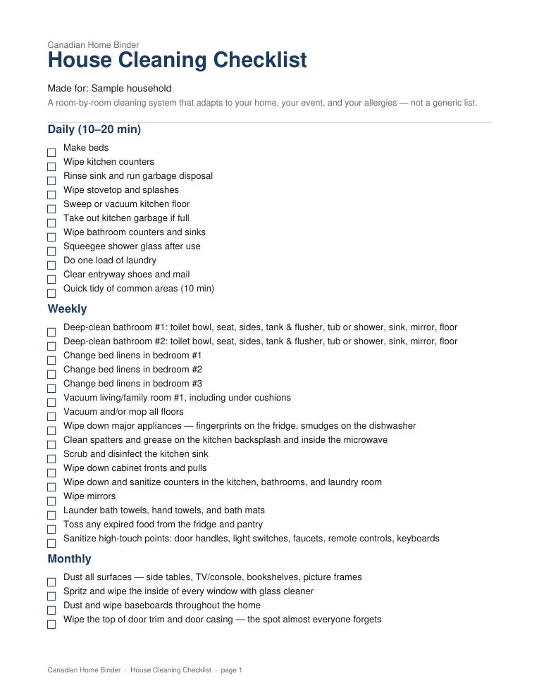 House Cleaning Checklist (Personalized) — sample page 1