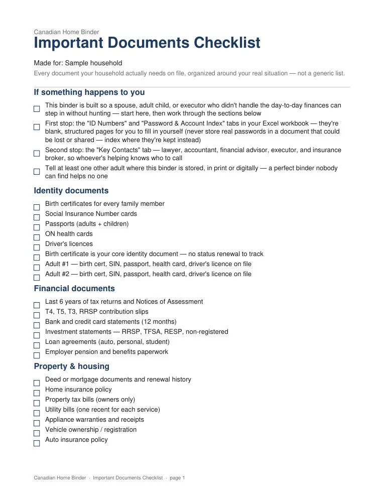Important Documents Checklist (Personalized) — sample page 1