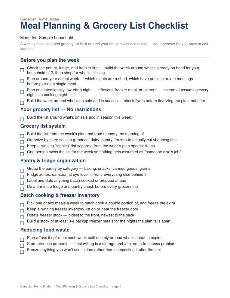 Meal Planning & Grocery List Checklist (Personalized) — sample page 1