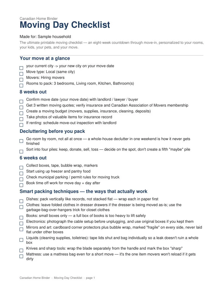 Moving Day Checklist (Personalized) — sample page 1