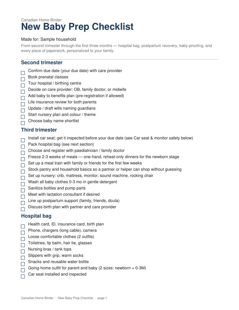 New Baby Prep Checklist (Personalized) — sample page 1