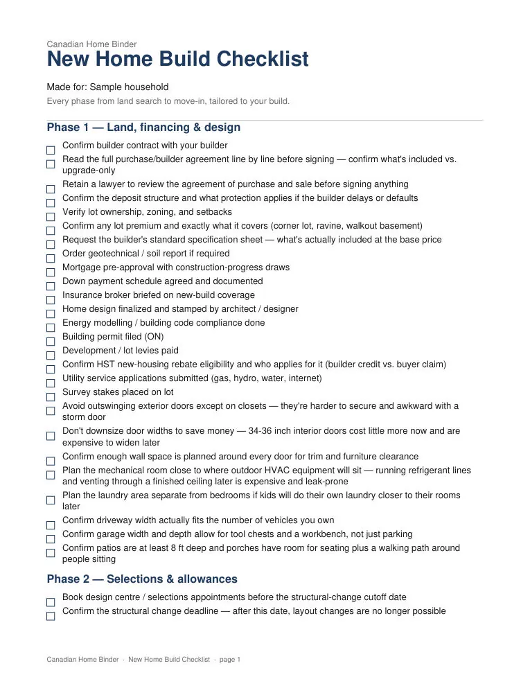 New Home Build Checklist (Personalized) — sample page 1