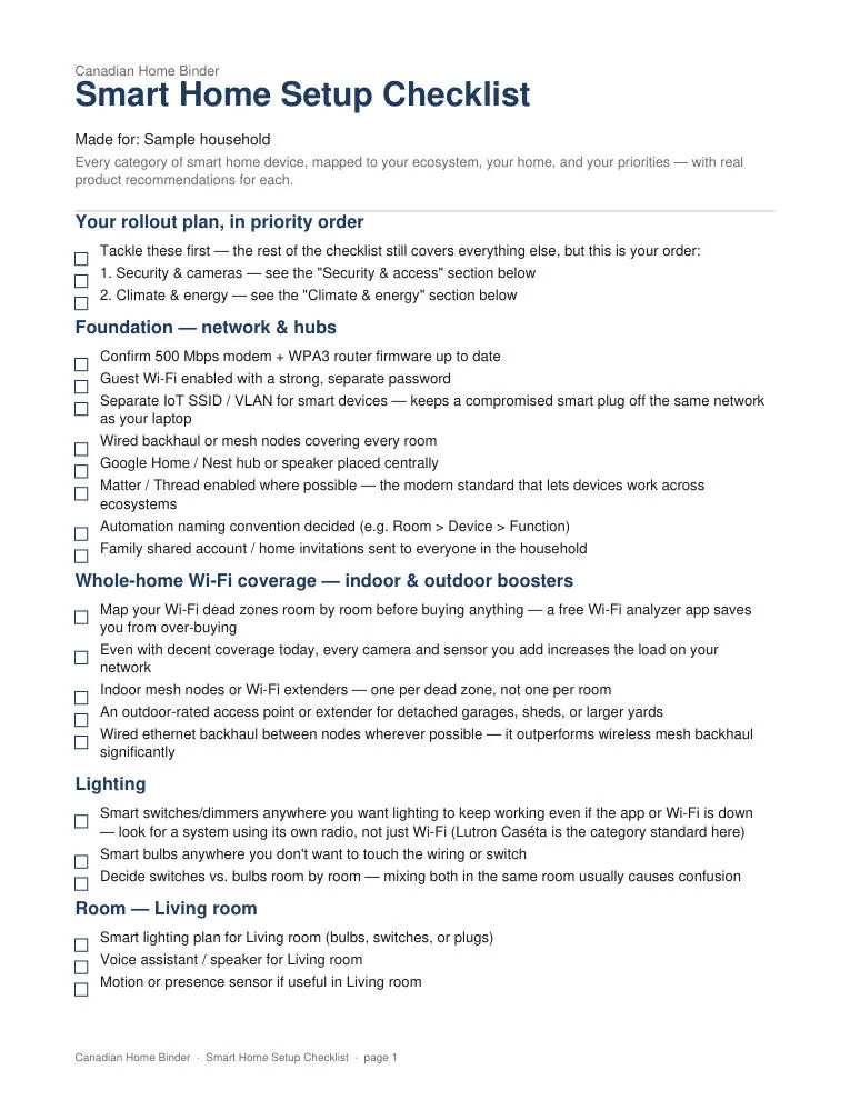 Smart Home Setup Checklist (Personalized) — sample page 1