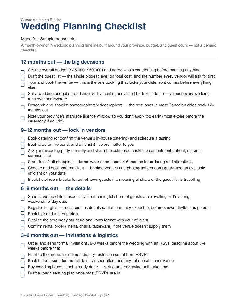 Wedding Planning Checklist (Personalized) — sample page 1