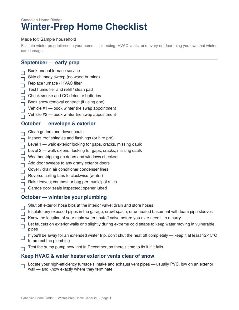 Winter-Prep Home Checklist (Personalized) — sample page 1