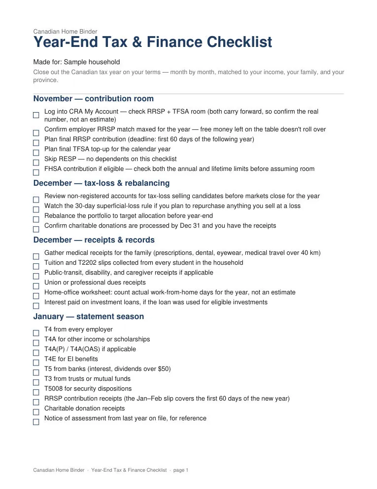 Year-End Tax & Finance Checklist (Personalized) — sample page 1